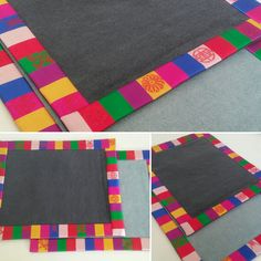 four different images of fabric with various colors and patterns on them, including one in grey, the other in multi - colored squares