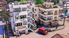 Ts4 Community Lots, Sims 4 Store Build, Sims 4 Convenience Store, Sims 4 Clothing Store, Sims 4 Community Lots Ideas, Sims 4 Apartment Building, Rooftop Hangout, Japanese Apartment Building, Gym Rooftop