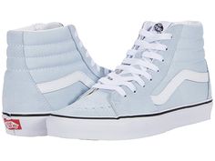 Vans SK8-Hi - Skate Shoes : Ballad Blue/True White : Keep it old school every step of the way with the classic Vans SK8-Hi skateboard shoes! High-top skate shoes with a classic silhouette and Sidestrap detail. Uppers of suede, leather, or canvas. Cotton drill lining. Padded collar for added comfort and support. Triple-stitch collar adorns collar. Die-cut EVA insert. Vulcanized construction: • Slimmed-down profile offers a flexible feel. • Gum rubber outsole with signature waffle tread provides s Vans Shoes High Tops, Vans Outfit, Blue Vans, Classic Vans, Skateboard Shoes, Vans Sk8 Hi, Cute Nikes, Shoes High, Vans High Top Sneaker