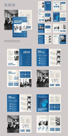 a bunch of brochures with blue and white designs