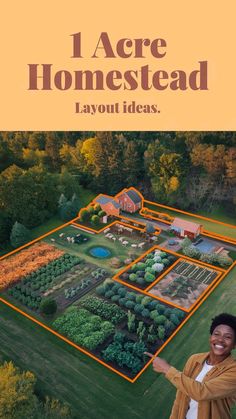 a woman standing in front of a garden with the words, i are homestead layout ideas