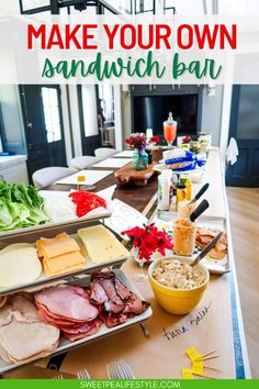 Turn the oven and stove off and serve a giant Make Your Own Sandwich Bar for a hot weather dinner idea! When it's too hot to cook, and you want something simple but delicious for dinner this DIY sandwich party is perfect! Lay out all the deli meats and cold cuts, cheese, toppings, and chips you want and have people make their own. Perfect for hot days of watching football. Make Your Own Sandwiches Bar, Sandwich Bar For Party, Grilled Cheese Party Bar, Sandwich Fixings Tray, Build Your Own Sandwich Charcuterie Board, Soup Salad Bar Party, Panini Bar Party, Concert In The Park Food Ideas, Sub Sandwich Bar Ideas Party