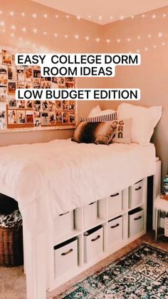 a college dorm room with white drawers and lots of pictures on the wall above it