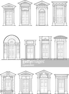 different types of doors and windows in the style of classical architecture, line drawing or engraving