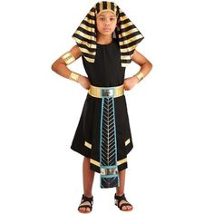 The Fun Costumes Dark Pharaoh Costume for KidsOur Kid's Dark Pharaoh Costume is a realistic historical outfit that's perfect for Halloween, for plays and performances, and for history roleplay. In powerful black and gold, Egypt's pharaohs have never looked so good. The costume features a long black tunic that secures in back with a hook and loop fastener. A gold foam belt features a symbol at the center front and a long geometric panel with gold and turquoise accents. The costume is accessorized Egyptian Headpiece, Egyptian Outfit, Pharaoh Costume, Fun Costumes, Popular Costumes, Fabric Draping, Costume For Kids, Costume Themes, Mario Bros.