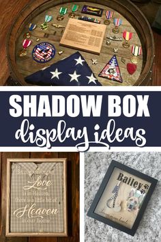 shadow box display ideas for the american flag and other patriotic items with text that reads shadow box display ideas