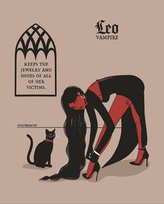 a woman in black and red is bending over with her cat on the ground next to her