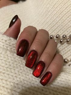 15 Stunning Burgundy Nail Colors for Winter 2023-2024 - thepinkgoose.com Red Irridescent Nails, Dark Red Shiny Nails, Short Dark Red Nails With Glitter, Burgundy Velvet Nails, Red Glitter Chrome Nails, Red Holo Nails, Velvet Nails Red, Dark Red Nails With Glitter, Gel Dip Nails Powder