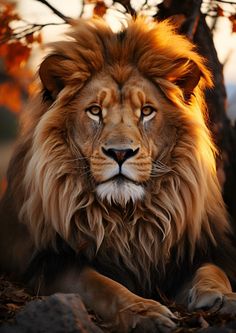 a close up of a lion laying on the ground next to a tree with orange leaves