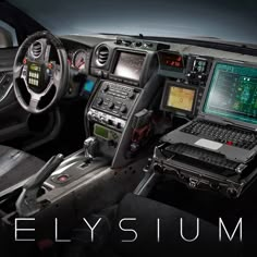 the inside of a vehicle with electronic equipment in it's dashboard and text that reads elysium