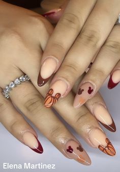 Fall Spooky Nails Almond, Short Almond Acrylic Nails Fall Design, September Aesthetic Nails, Almond Shape Autumn Nails, Disney Nails October, November Disney Nails, Fall Disney Nails Acrylic, September Nail Ideas Almond, Fall Mickey Nails