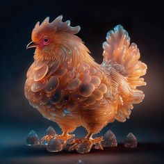 a golden chicken standing on top of ice