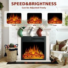 a fireplace with christmas stockings and stockings hanging on it's sides, along with the words speed & brightness can be adjusted freely