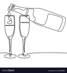 two glasses of champagne and a bottle of wine on a white background line art style