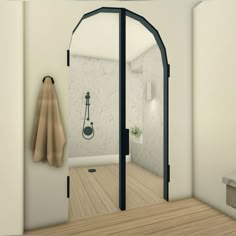 an open door leading to a bathroom with a sink and shower