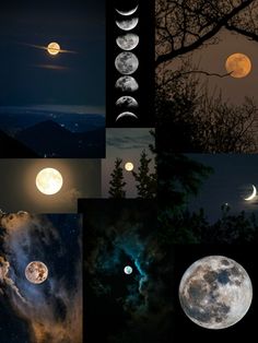 the moon and stars are shown in this collage with many different images, including one showing