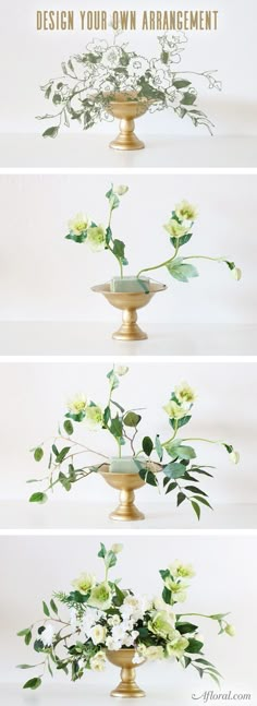 three different images of flowers in vases with the words create your own arrangement on them