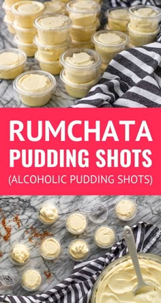 rumchata pudding shots with text overlay reading rumchata pudding shots alcoholic pudding shots