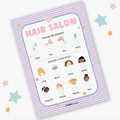 a hair salon poster on top of a white table with stars and pink polka dots