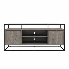 an entertainment center with two drawers and one door on the side, in grey wood