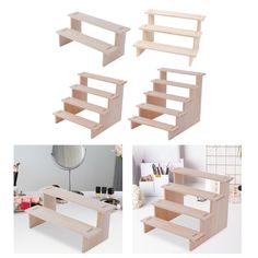 the steps are made out of wood and ready to be used as desks or bookshelves