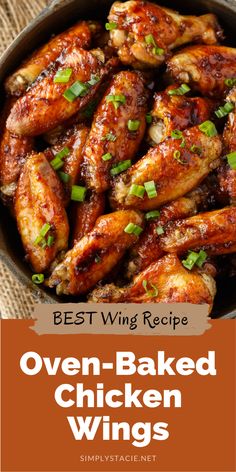 baked chicken wings in a pan with green onions on the side and an image of oven baked chicken wings