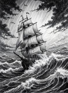 a drawing of a ship in the ocean with storm clouds and birds flying above it