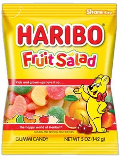 All City Candy Haribo Fruit Salad Gummi Candy - 5-oz. Peg Bag Gummi Haribo Candy For fresh candy and great service, visit www.allcitycandy.com Gummi Candy, Fruit Popsicles, Homemade Syrup, Ambrosia Salad, Artificial Fruit, Candied Fruit, Chewy Candy, Kinds Of Salad