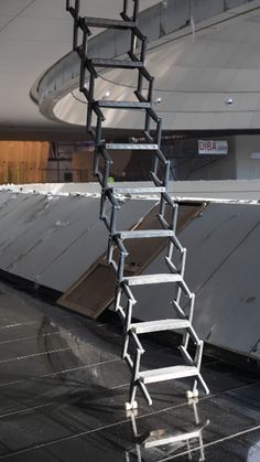 a metal ladder sitting on top of a black roof