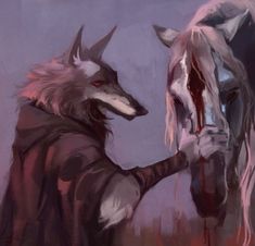 a wolf and a horse standing next to each other in front of a purple background