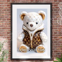 a white teddy bear wearing a louis vuitton jacket