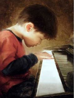 a painting of a young boy playing the piano with his hands and looking down at it