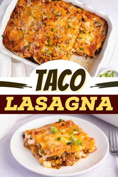 taco lasagna casserole on a white plate with the title above it