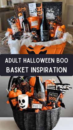 a halloween basket filled with booze, liquor and treats for the guests to enjoy