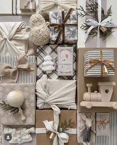 christmas presents wrapped in brown and white paper