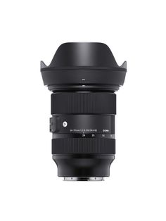 a large lens on a white background with the hood extended to show it's reflection