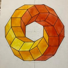 a drawing of a circle made out of orange and yellow squares, with the letter o in the middle