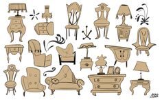 an assortment of furniture is shown in sepia on white paper, including chairs and tables