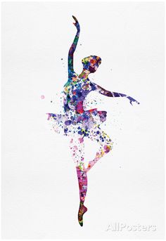 a watercolor painting of a ballerina in pink, purple and blue colors on white paper