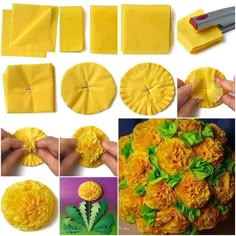 yellow flowers are being made with different shapes and sizes