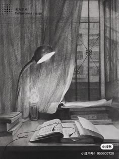 a black and white drawing of a lamp on a desk next to books, a bookcase, and a window