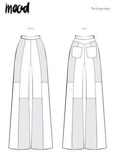 the front and back view of a women's pants sewing pattern, with measurements for each