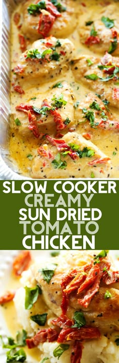 two pictures of chicken and cheese in a casserole dish with the words slow cooker creamy sun dried chicken