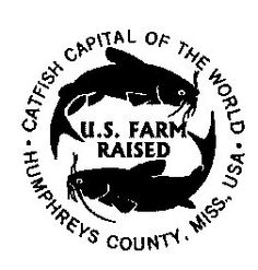 the u s farm raised logo is shown in black and white, with fish on it