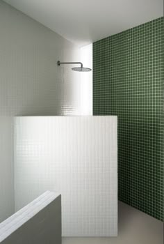 a bathroom with green and white tiles on the wall, shower head and bathtub