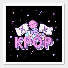 the kpop logo on a black background with stars and confetti around it