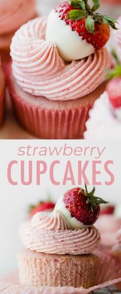 strawberry cupcakes with frosting and strawberries on top