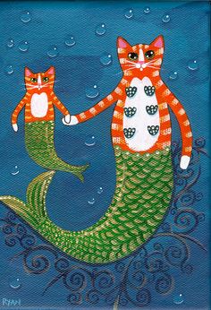 two cats are sitting on top of a mermaid's tail and holding hands with each other