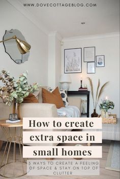 a living room filled with furniture and pictures above the couch is a small table that has flowers on it