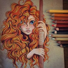 a drawing of a girl with long red hair and blue eyes holding a stick in her hand